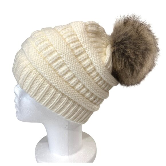 C.C Womens Ribbed Knit Beanie Hat With Faux Fur Pom Ivory One Size - Picture 4 of 7